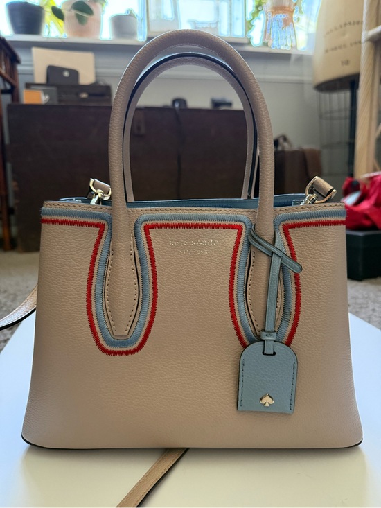 kate spade Handbags - Kate Spade Eva Small Satchel Warm Beige Blue Red Embroidered Leather Bag purse
